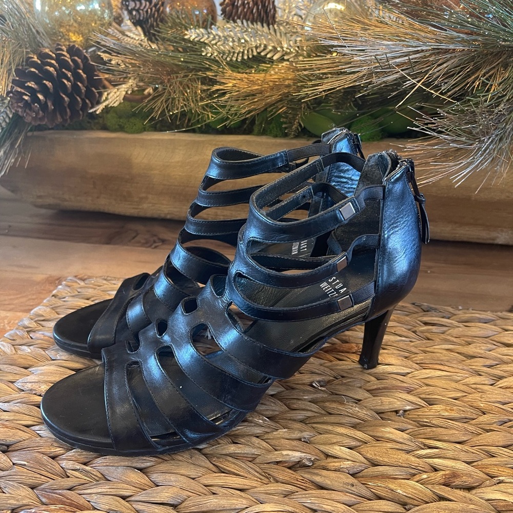 Stuart Weitzman Outbound Black Leather Gladiator Strappy Sandals 8M Spain